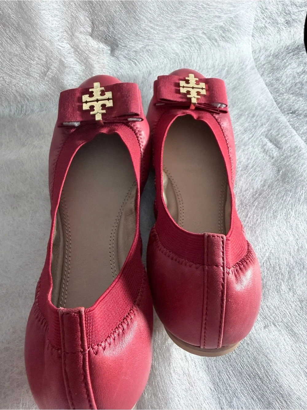 New Tory Burch Red Grosgrain Bow Logo Ballet Flats